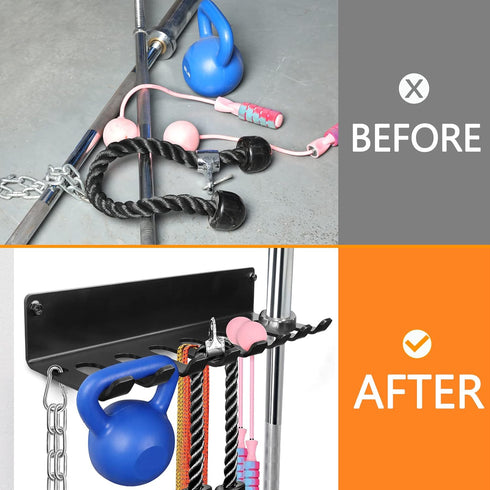 Gym Rack Organizer - Wall Mount Hooks for Olympic Barbells, Row Handles, Bats, Tools (E-Book Instruction Included)