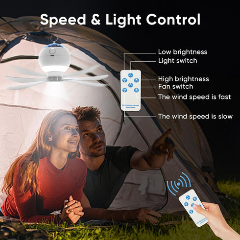 Portable Camping Fan with LED Lantern, Rechargeable Ceiling Fan with Remote Control for Tent and RV