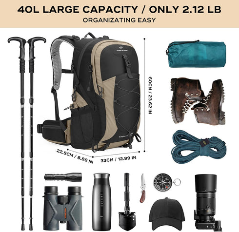 Maelstrom 40L Hiking Backpack - Waterproof Daypack with Rain Cover, Khaki