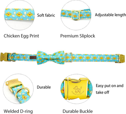 Elegant little tail Easter Day Dog Collar, Dog Collar with Bow Chicken Eggs Print Dog Collar Pet Collar Gift Dog Bowtie Adjustable Dog Collar for Small Dogs