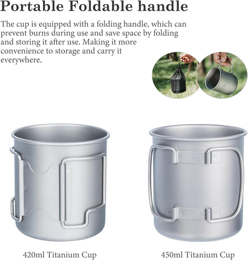 iBasingo 420ml Titanium Mug without Lid, Ultra-light Portable Outdoor Camping Pot, Hiking Drinkware with Foldable