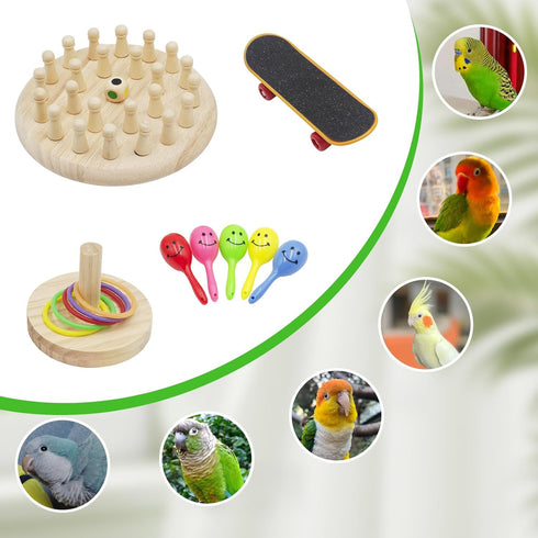 MinrzPet 4-in-1 Set Bird Activity Mini Skateboard, Stacking Rings, Rattle & Colorful Peg Toy | Interactive Toys