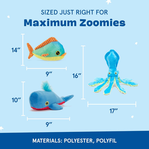 3 Barkbox Under The Sea Bundle - Toys for Medium and Large Dogs - Squeaky Dog Toy, Tug Toy, Plush Chew Toys - Maggie