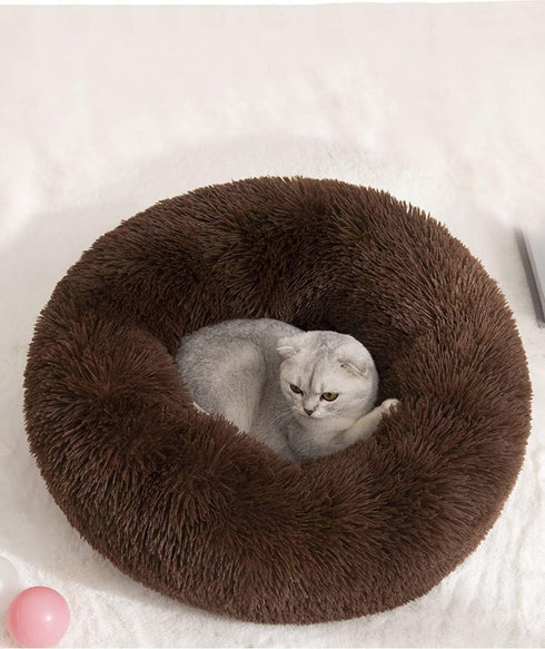 BODISEINT Faux Fur Dog Bed, Shag Round Anti-Anxiety Calming Bed for Medium Large Dogs and Cats (28'' D x 8'' H,