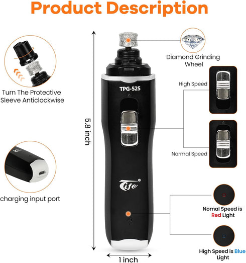 Tife Grinder,2 Trimmer,Quiet Dog Nail Speed Electric Rechargeable Dog Nail and Low-Vibration Pet Nail Grinder,Painless