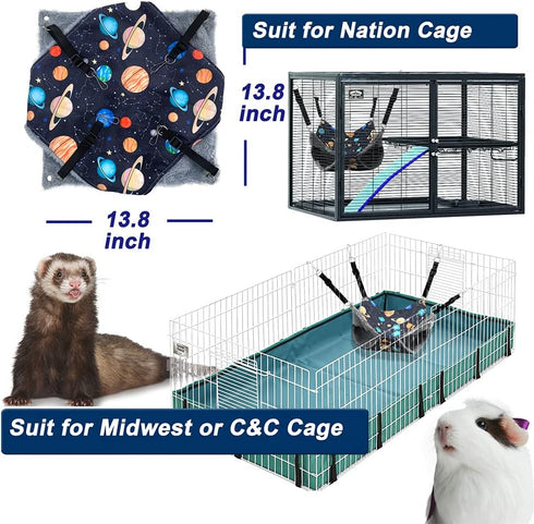 Ferret Hammock Bed, Rat Guinea Pig Cage Accessories Kit Set with Hideouts Cave and Staff House (Black Galaxy)