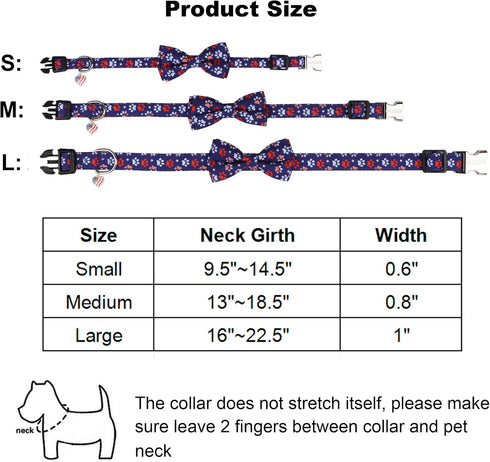 ADOGGYGO American Flag Dog Collar with Bowtie, 4th of July Adjustable Patriotic Collars for Small Medium Large Dogs
