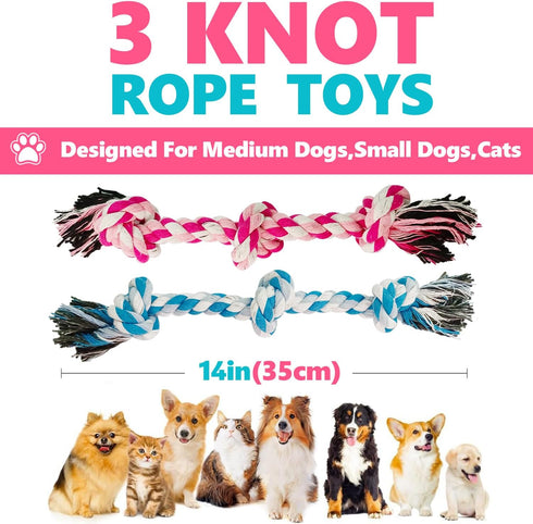 Dog Rope Chew Toy for Medium and Small Dogs | Natural Cotton Pull Rope for Interactive Tug of War (Small 3 Knots, 2