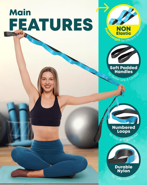 Stretching Strap with Loops, Non Elastic Stretch Band for Physical Therapy, Yoga, Exercise, Flexibility