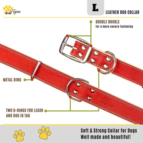 ADITYNA Heavy-Duty Premium Red Leather Dog Collar for Large Dogs - Padded for Walking, Training, Playing