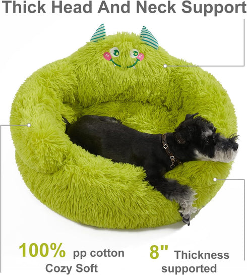 Jiupety Cute Calming Dog and Cat Bed, Indoor High Bolster Donut Dog Beds, Plush Cuddler Bed (L, 27"x27"x14") Green