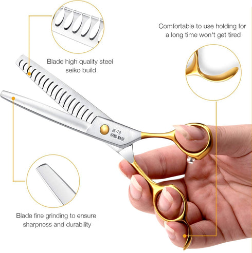 JASON 7.5" 18-Teeth Chunkers Shears for Dogs Cats Grooming, Texturizing Blending Scissor, Sharp Gold Shear