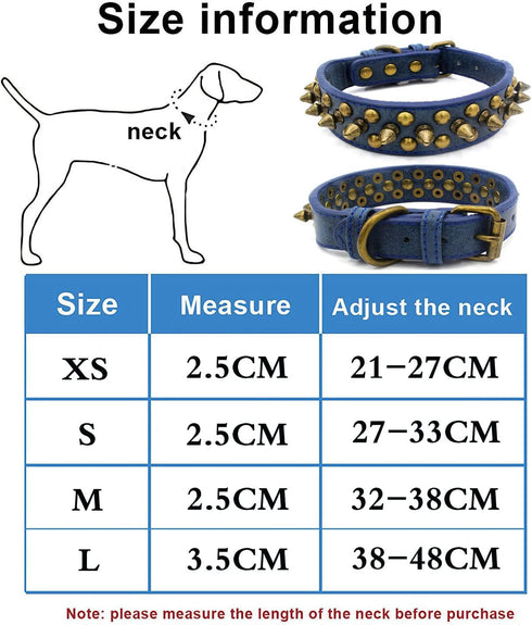 Spiked Studded Dog Collar, Adjustable Soft Leather Puppy Collar for Small Medium Dogs Bulldog Pitbull Mastiff Poodle Boxer (M, Blue)