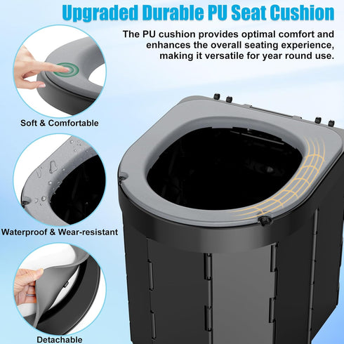Portable Camping Toilet with PU Cushion, Folding Porta Potty for Adults with Lid and Toilet Paper Holder, Waterproof
