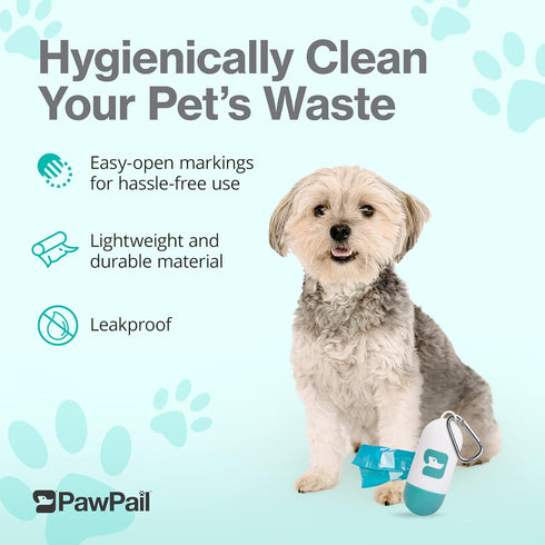 1 15 PawPail Dog Poop Bag Holder with Carabiner Clip - Durable & Leakproof Dog Waste Bag Dispenser - Includes Roll