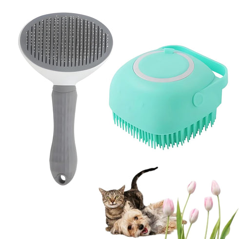2pcs Dog Brush and Cat Brush - Self-cleaning Slicker Brush and Silicone Dog Bath Brush - Pet Hair Removal Tool for Long
