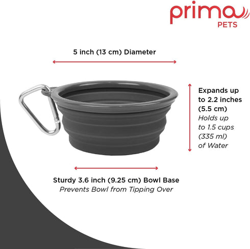 Prima Pet Collapsible Silicone Water Travel Bowl, Portable Pop-up Feeder for Dogs and Cats, Small (1.5 Cups) Grey, 2