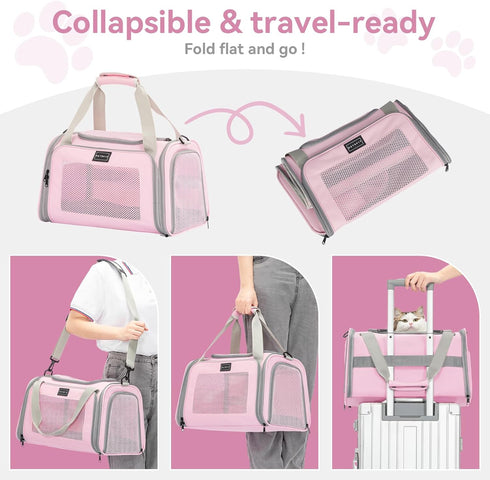 17.510.510.5 3-Way 12 lb Airline Approved Cat Carrier in, Escape-Proof Design with Locking Zippers & Safety Leash