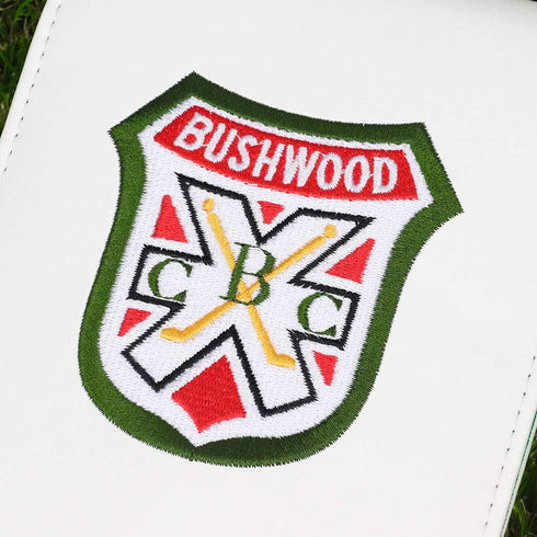Golf Logo Shield White Leather Golf Scorecard & Yardage Book Holder Cover, Customizable Name Version
