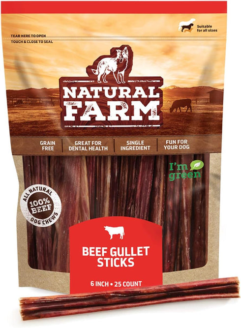 Natural Farm Gullet Sticks, 6 Inch, 25 Pack, Grain-Free, Preservative-Free, Fully Digestible Beef Esophagus