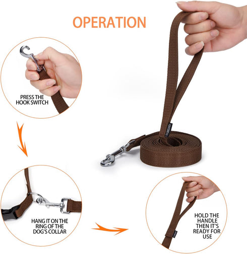 Strong Durable Nylon Dog Training Leash, 1 Inch Wide Traction Rope, 6 ft 10ft 15ft for Small Medium Dogs (Brown)