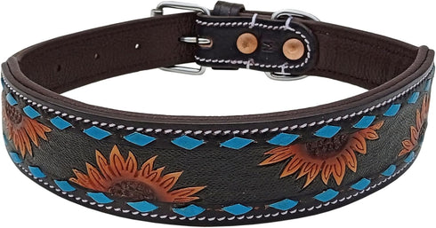 Leather Dog Collar, Western Style, Heavy Duty Hand Tooled Sunflower, Adjustable Padded Soft with Turquoise Buckstitch