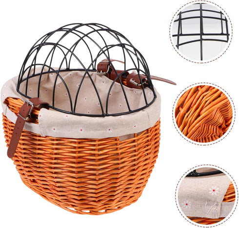 Sturdy Wicker Bike Basket Front Attached Resistant Hand-Woven Rattan Capacity Shopping and Pet Carrier Basket for Dogs