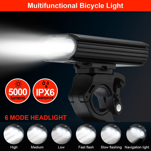 Victagen 5000 Lumens 3LED Bike Lights for Night Riding, USB Rechargeable Headlight, 6 Modes, Front and Back