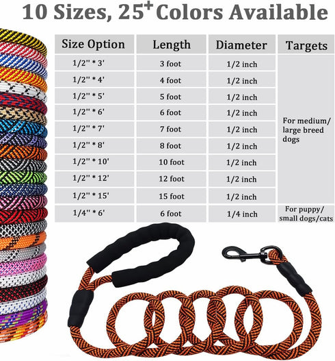 MayPaw Heavy Duty Nylon Dog Leash, 3/4/5/6/7/8/10/12/15 FT with Soft Padded Handle for Large Medium Small Dogs