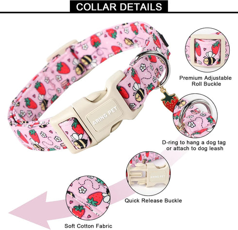 ARING PET Summer Dog Collar, Cute Pink Adjustable Strawberry Bees Print for Small Medium Large Dogs