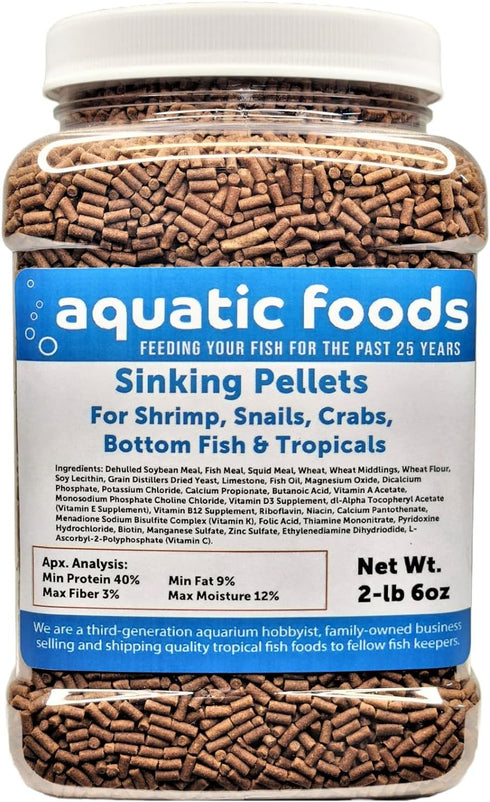 Aquatic Foods Inc. Shrimp Pellets, 40% Protein Sinking 1/16" x 3/8" Pellets for Shrimp, Snails,