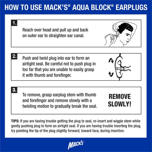 Mack's AquaBlock Swimming Earplugs, 3 Pair Comfortable Waterproof Silicone Ear Plugs for Swimming