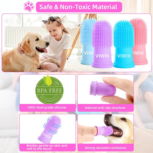 Dog Bath Gloves with 4 Pack Dog Toothbrush - Grooming Kit for Small, Medium, Large Dogs, Silicone Washing Gloves