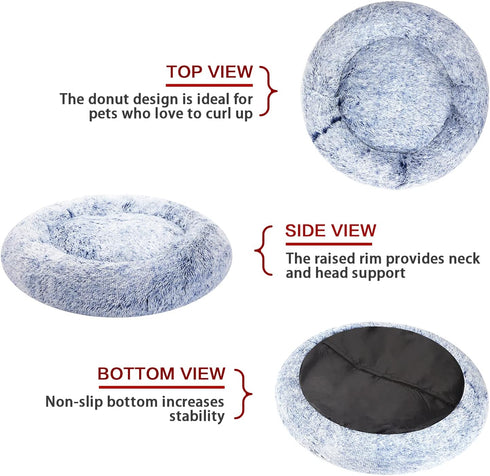 Bedfolks Calming Donut Dog Bed, 30 Inches Round, Fluffy Anti-Anxiety Plush Bed, Machine Washable, Navy Blue