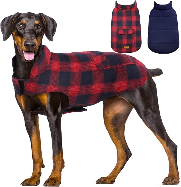 Kuoser Warm Winter Coat for Large Dogs, Reversible Dog Jacket, Windproof Pet Cold Weather Clothes, Red XXL