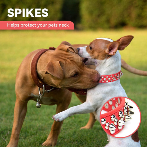 Spiked Soft Leather Dog Collar, Adjustable Anti Bite Studded for Small Medium Large Dogs (Red, L)
