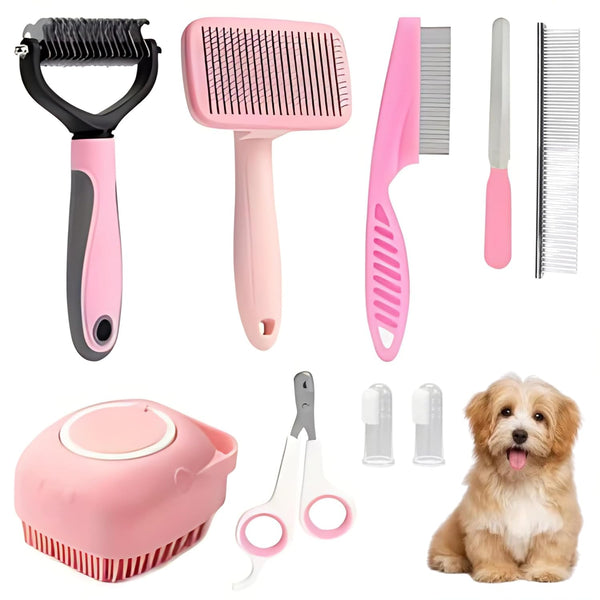 9Pcs Dog Grooming Kit - Self Cleaning Slicker Brush, Flea Comb, Nail