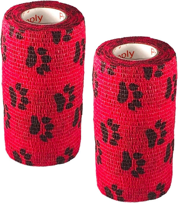 Vet Wrap Tape (Red with Paws) (2 Pack) (4 Inch x 15 feet) Self Adhesive Cohesive Flex Bandage for Pets