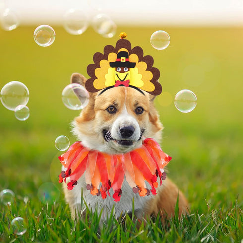 BWOGUE Dog Turkey Costume, Thanksgiving Turkey Headband with Elastic Decorative Collar for Medium Large Dogs