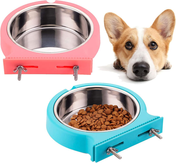 Kathson 2 Pack Crate Dog Bowl, Removable Stainless Steel Water Food Bowl for Hanging Pet Cage, Rabbit, Cat, Puppy