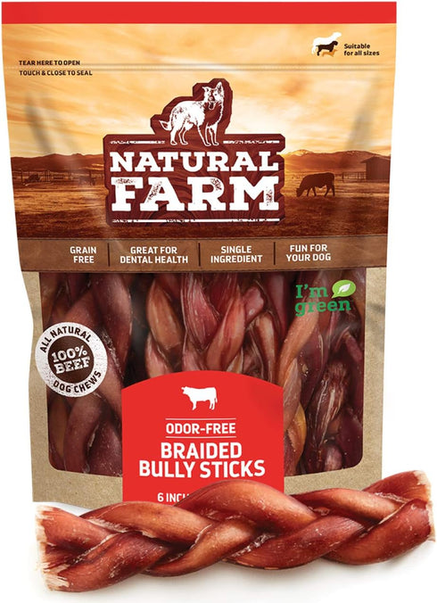 Natural Farm Odor-Free Braided Bully Sticks (6 Inch, 5 Pack) - 100% Grass-Fed Beef, Grain-Free, Best Dental Treats