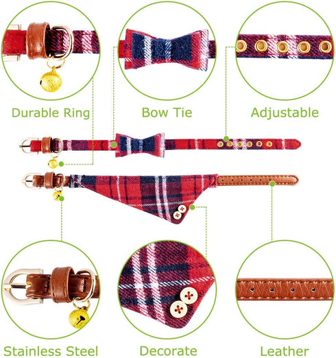 EXPAWLORER Dog Collar and Leash Set, Classic Plaid Dog Bow Tie and Bandana Collar with Bell, Adjustable for Dogs