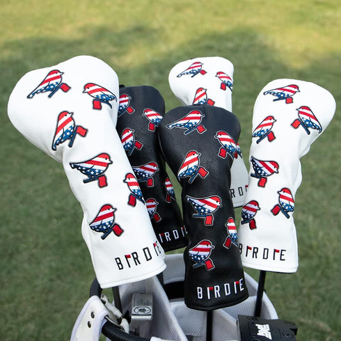 Golf Head Covers - Driver, 3 Wood, Hybrid, USA Flag Design, Leather Headcovers