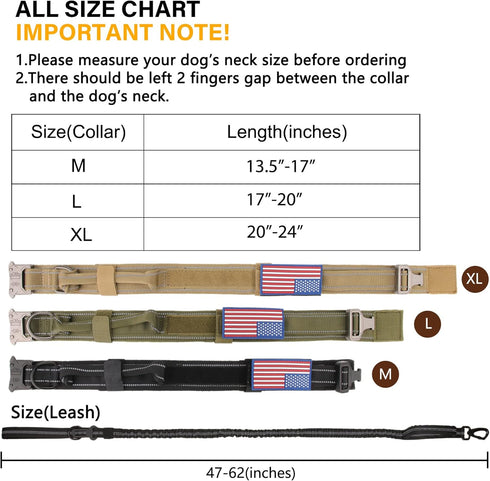 KCUCOP Tactical Dog Collar with Handle,Adjustable Military Dog Collar with Metal Buckle and Patches,Heavy Duty Dog Collars for Large Dogs (Black-Reflective SET-XL (Collar+Leash))