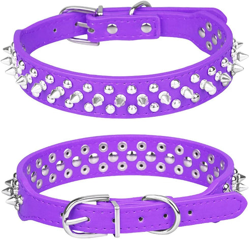 Spiked Dog Collar, Adjustable PU Leather Pet Collars with Mushrooms Rivet Studded for Cats, Puppy Dogs (M, Purple)