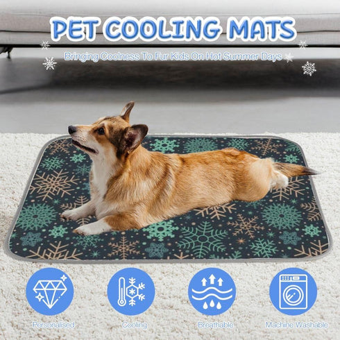 Generic 28" X22" Cooling Dog Mat Ice Silk Pet Crate Mat Mint Green Gold Snowflakes Dog Bed for Kennel Washable Cool Pad