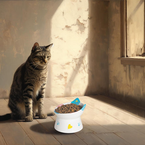 Cute Ceramic Raised Cat Bowls, Elevated Design, 15° Tilted Feeder, Protect Cat's Spine, Anti Vomiting Bowl for Flat