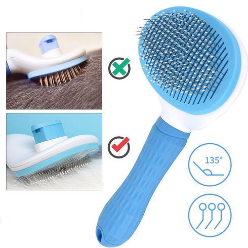 Dog Brush for Shedding, Self-Cleaning Pet Brush, Blue, Removes Loose Hair and Tangles