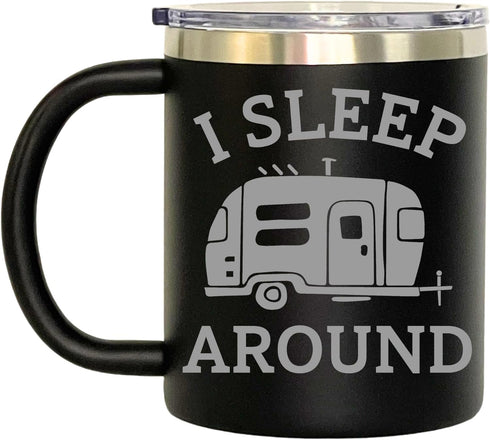 I Sleep Around Customized Insulated Stainless Steel Coffee Mugs, Personalized Camper Tumbler (12oz, Black)