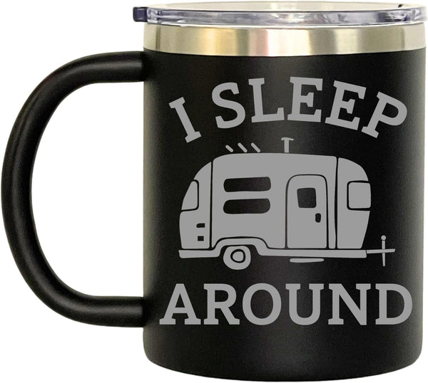 I Sleep Around Customized Insulated Stainless Steel Coffee Mugs, Personalized Camper Tumbler (12oz, Black)